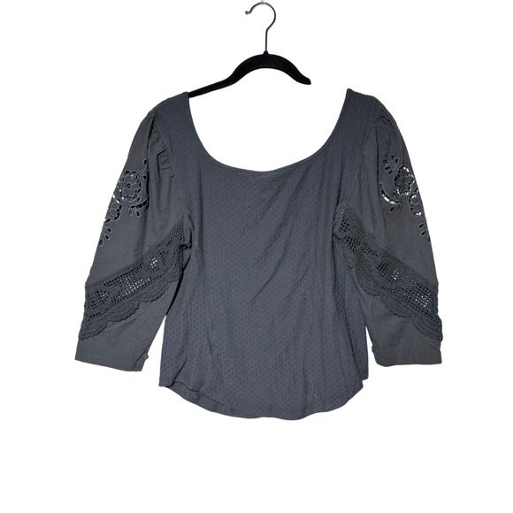Free People Brunch Date Top Henley Metal Stiletto L Gray Boho Lace Cottagecore - Picture 10 of 14